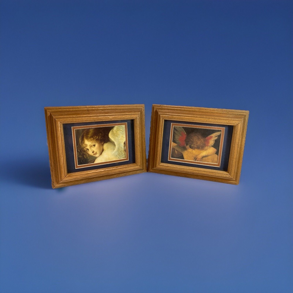 Art Print Angel With Mandolin & Angle ~ Wood Frames Set Of 2 Vintage